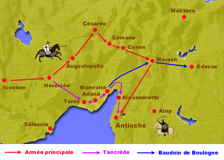 Carte de la route des croisés jusqu'à Antioche