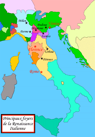 Carte des principaux foyers de la Renaissance italienne