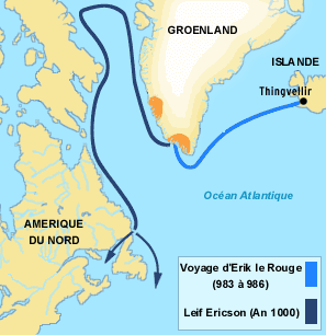 Carte des voyages d'Eric le Rouge et Leif Ericson